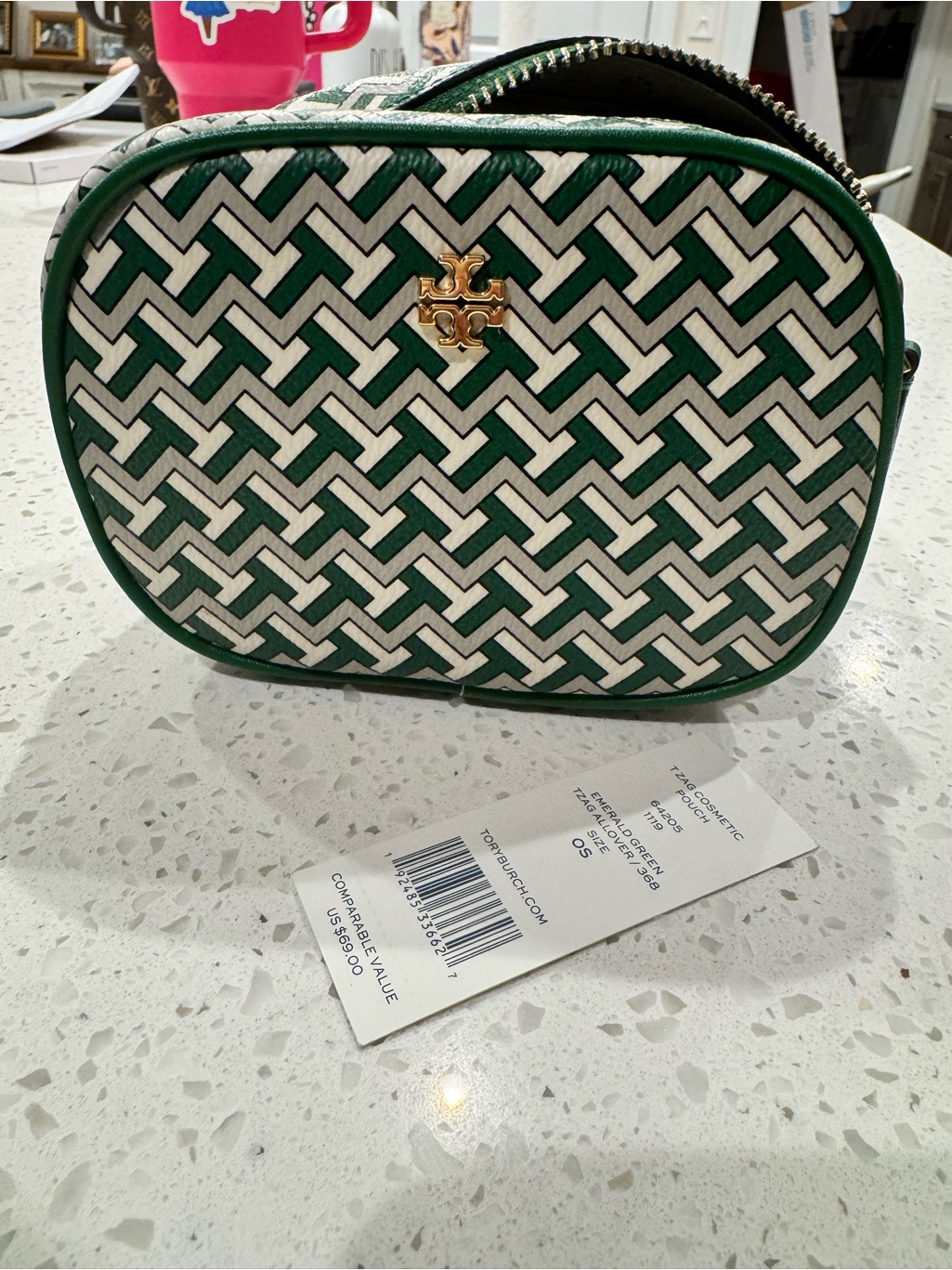 Tory Burch Green And White Geometric Cosmetic Case With Gold Logo
